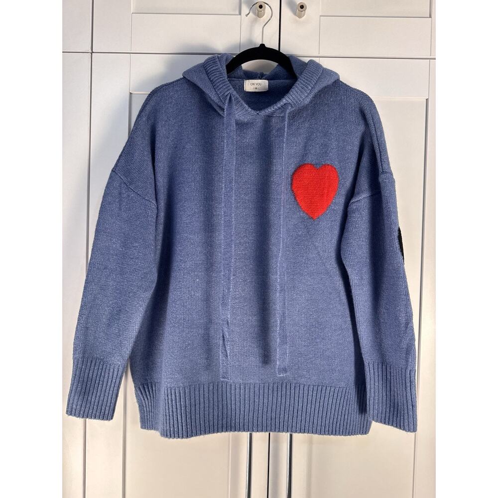 On You Knit Hoodie Sweater Blue Heart “Love Me” Patch Cozy Casual Pullover